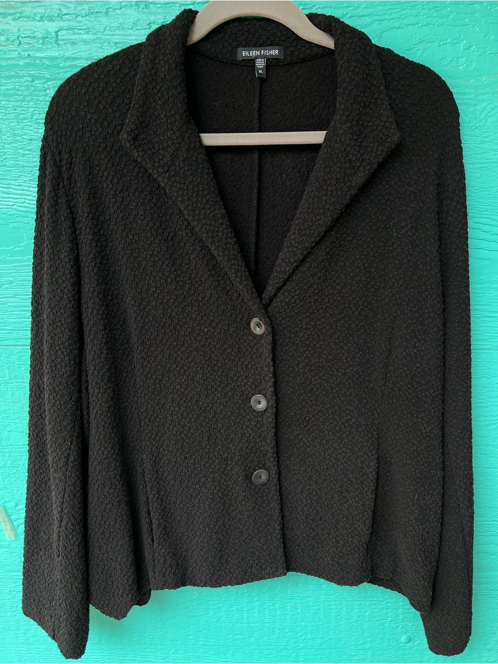 Eileen Fisher Textured Knit Blazer Jacket Black XL 3 Button Stretch Pockets - Picture 6 of 6